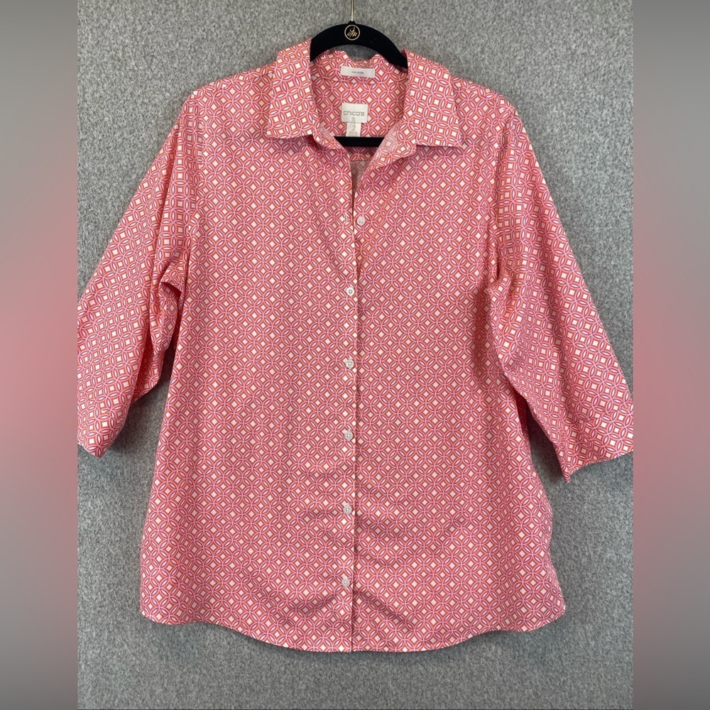 CHICO'S Button Down 3/4th Sleeve Shirt pink & orange Size 2 (US 12) non iron